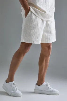 Relaxed Fit Short Length Textured Stripe Short | boohooMAN UK