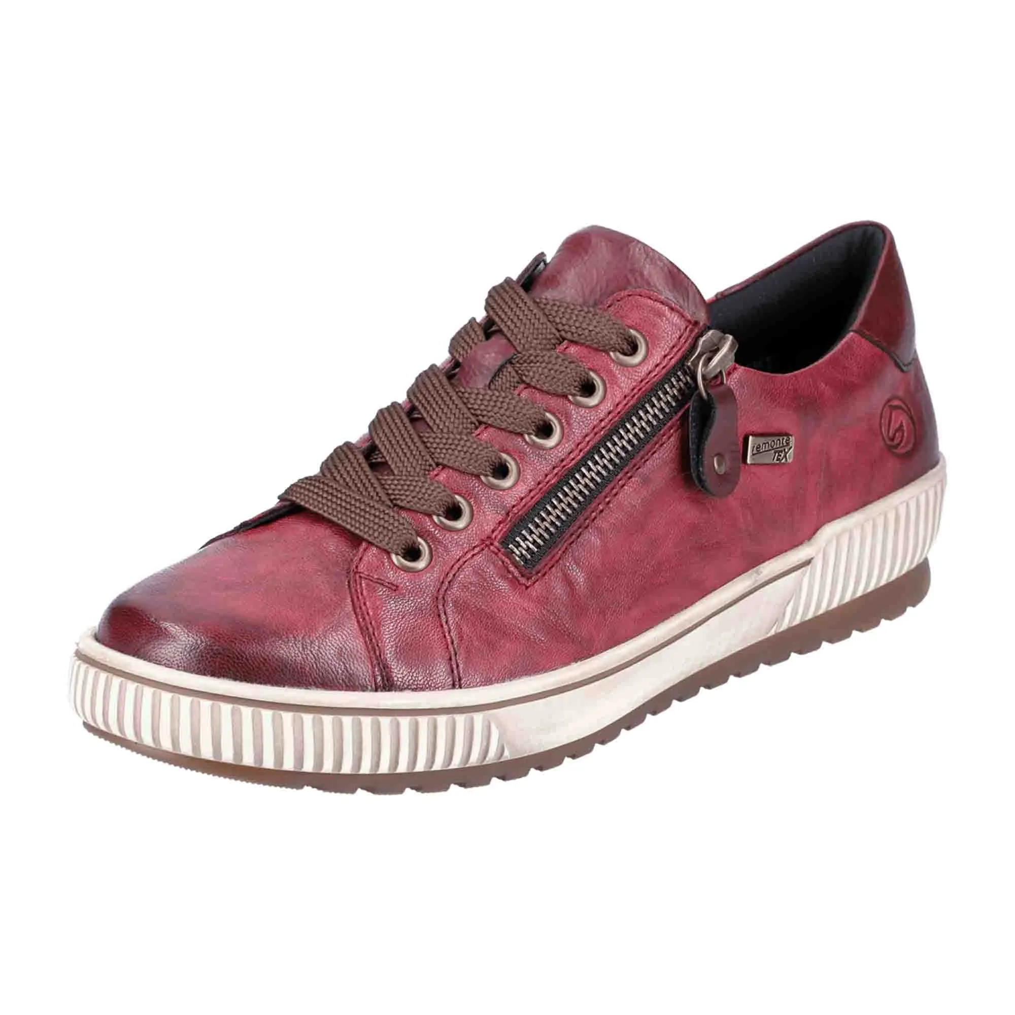 Remonte Women's Red Leather Sneakers with Zip Lace Closure and Removable Insole