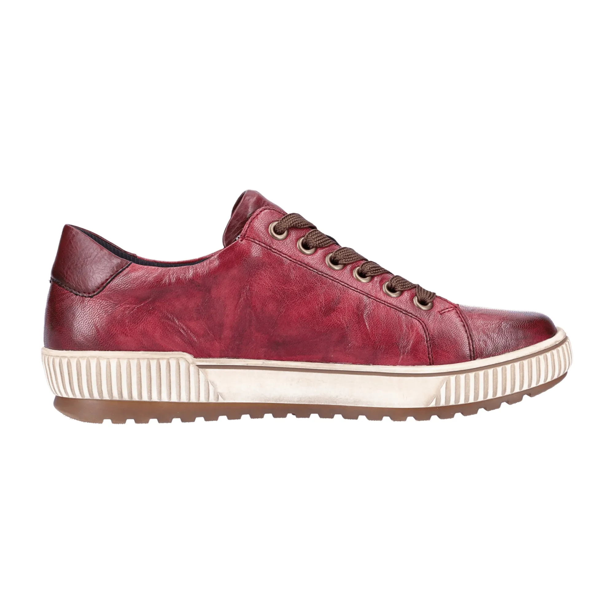 Remonte Women's Red Leather Sneakers with Zip Lace Closure and Removable Insole