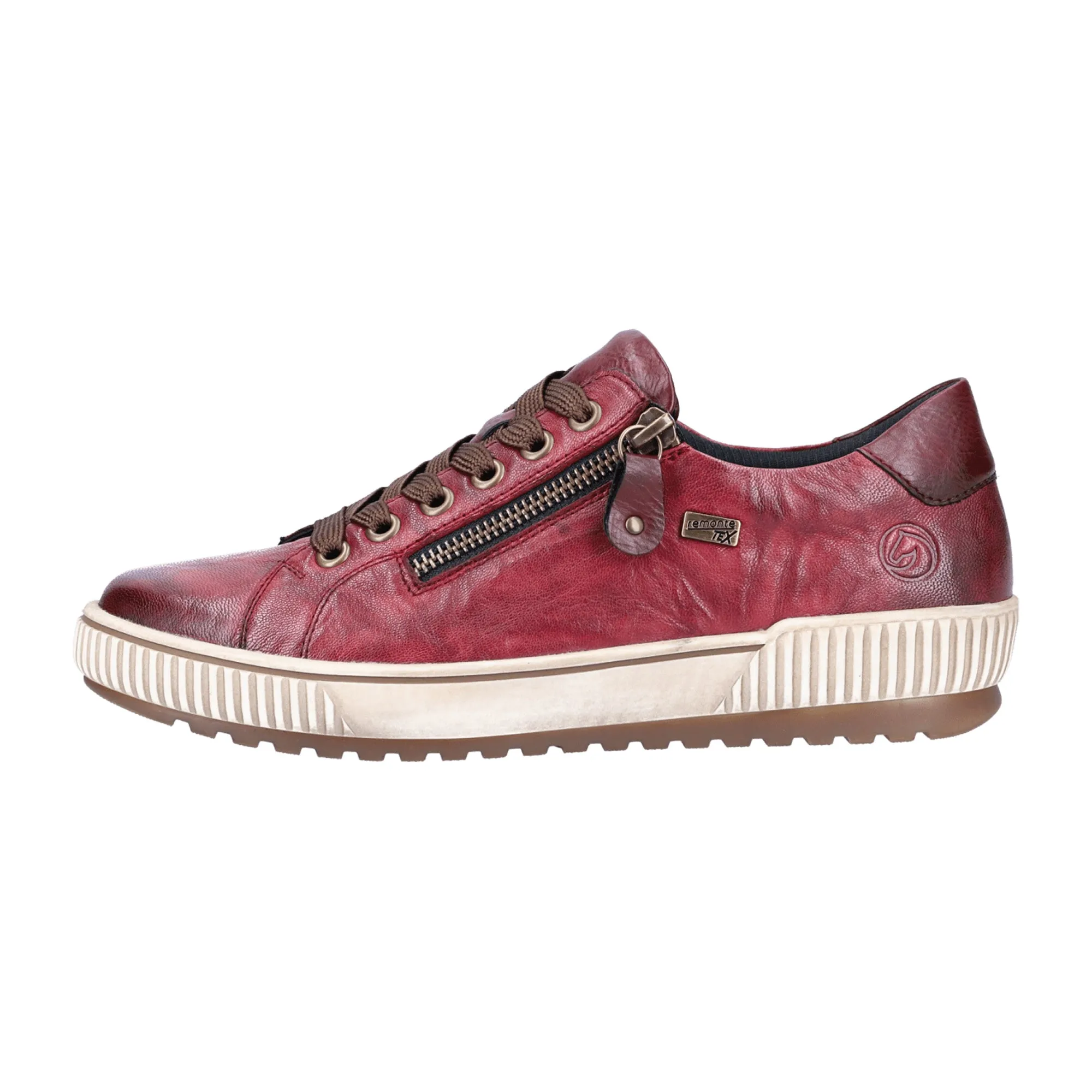 Remonte Women's Red Leather Sneakers with Zip Lace Closure and Removable Insole