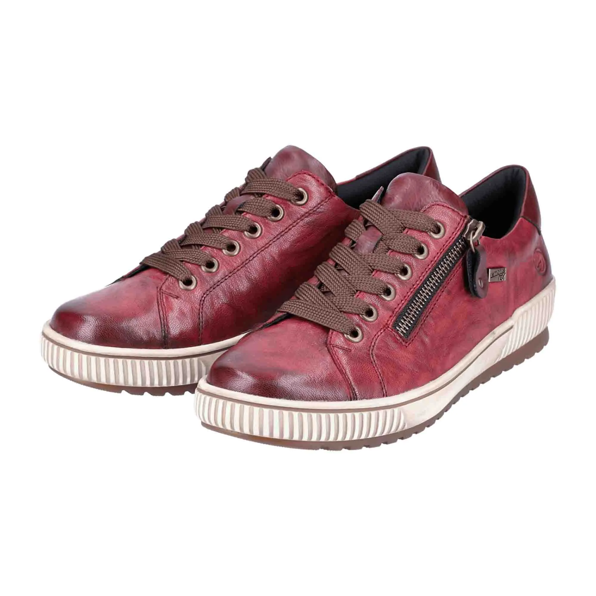 Remonte Women's Red Leather Sneakers with Zip Lace Closure and Removable Insole