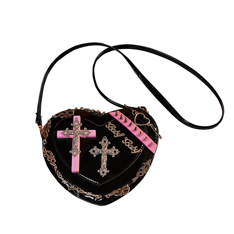 SALE of Punk Heart Shape Bag With Crosses Decor / Women's Rivets Shoulder Bag - EU