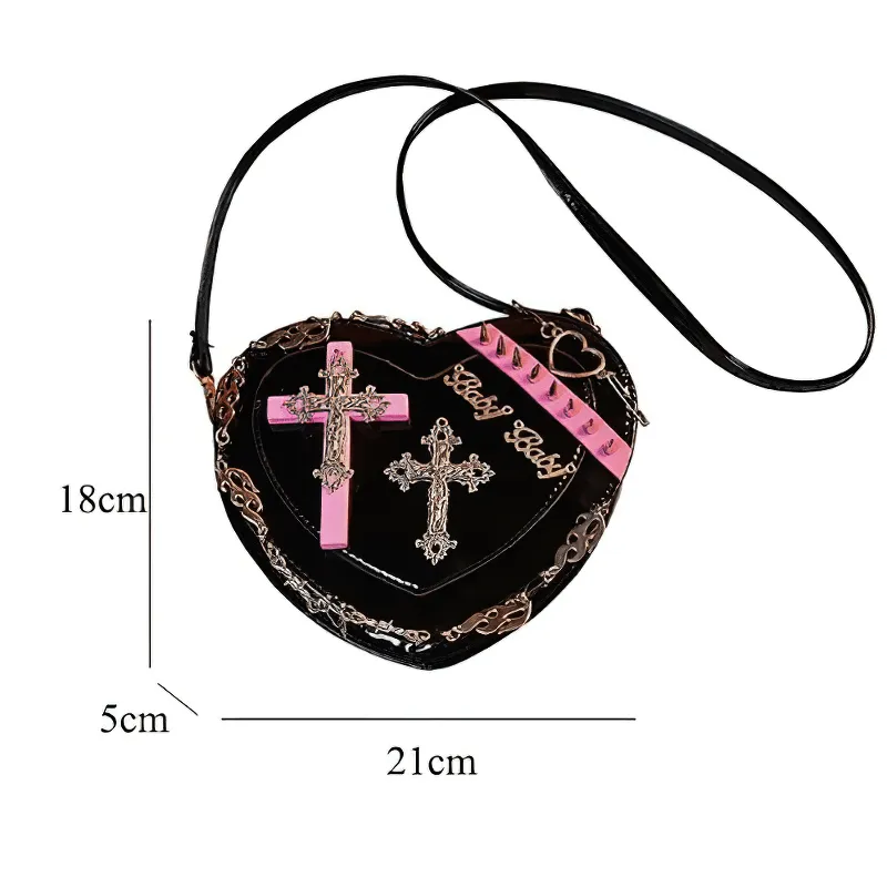 SALE of Punk Heart Shape Bag With Crosses Decor / Women's Rivets Shoulder Bag - EU