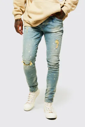 Skinny Bust Knee Paint Splatter Crinkle Jeans | boohooMAN UK