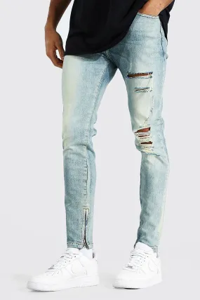 Skinny Stretch Zip Hem Distressed Jeans