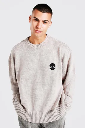 Skull Embroidered Oversized Knit Jumper | boohooMAN UK