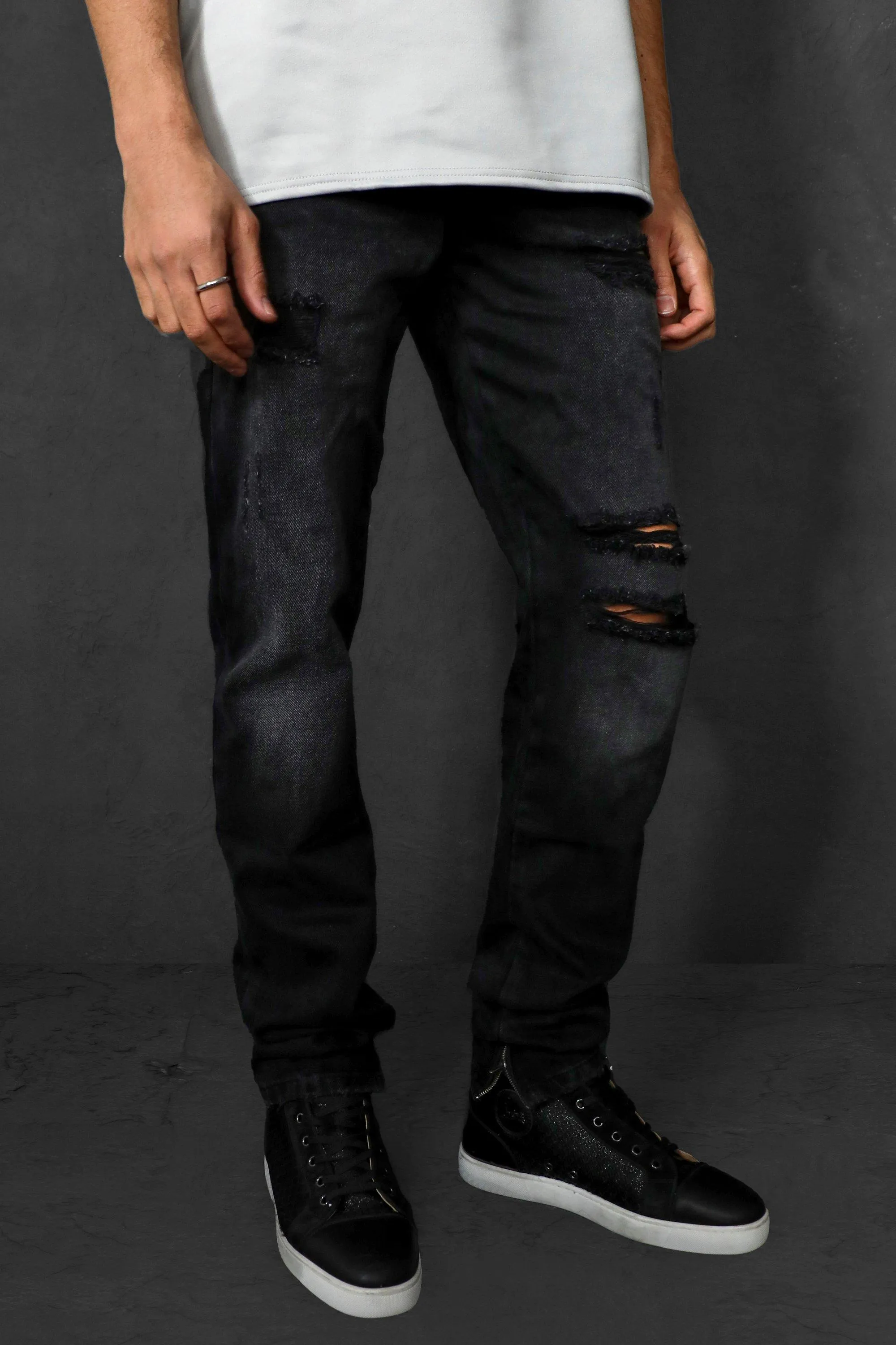 Tapered Rigid Stacked Leg Multi Rip Jeans