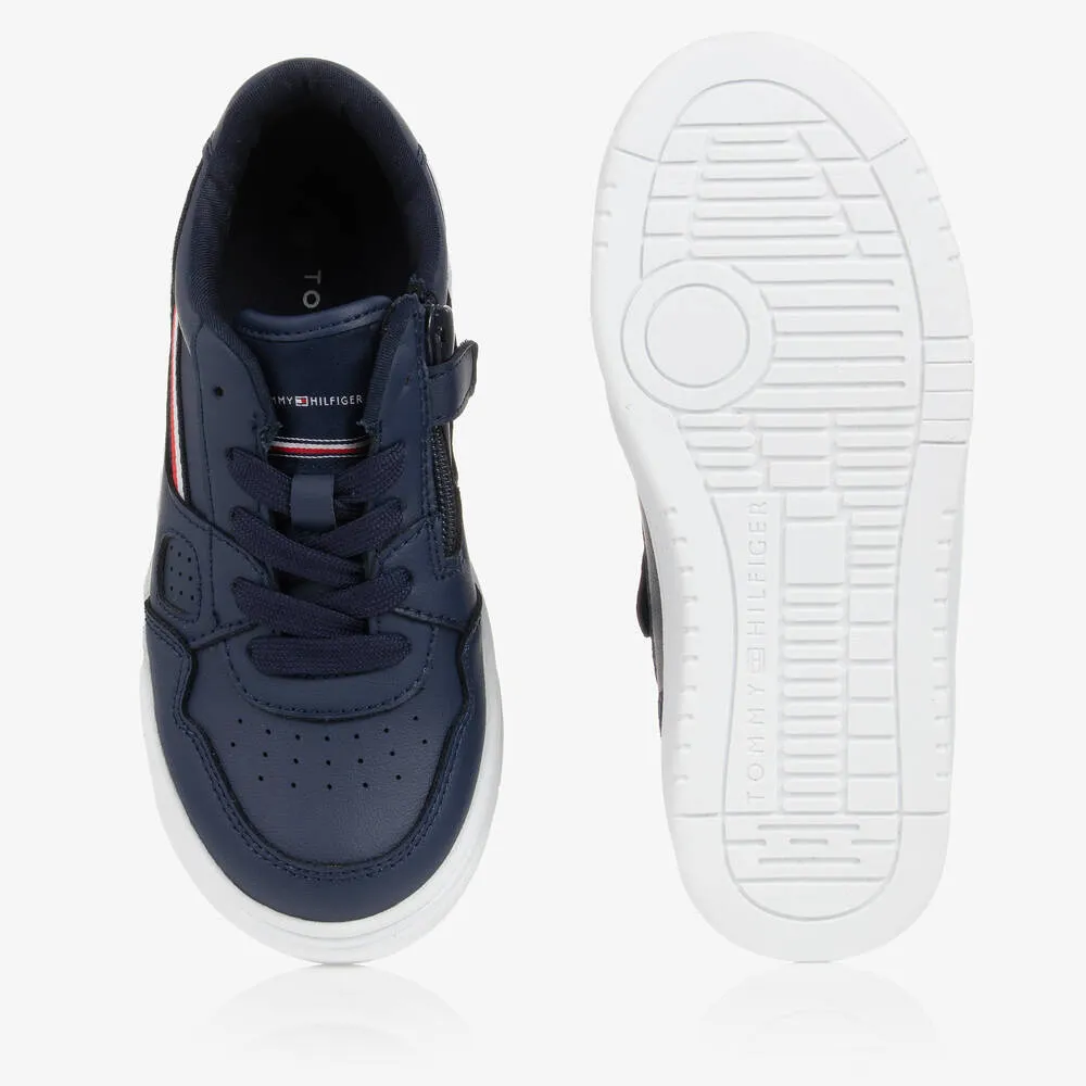 Teen Navy Blue Faux Leather Logo Trainers