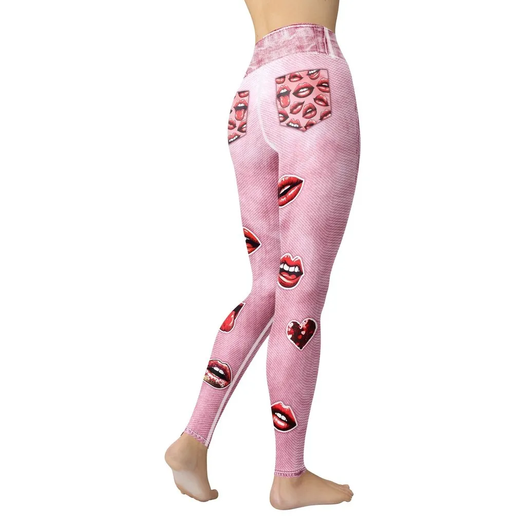 Valentine Lips Denim Print Yoga Leggings