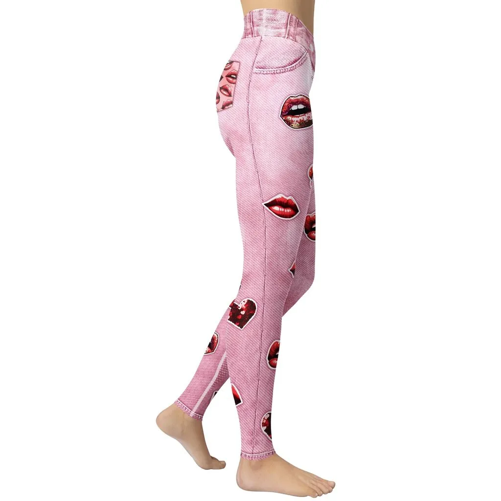 Valentine Lips Denim Print Yoga Leggings