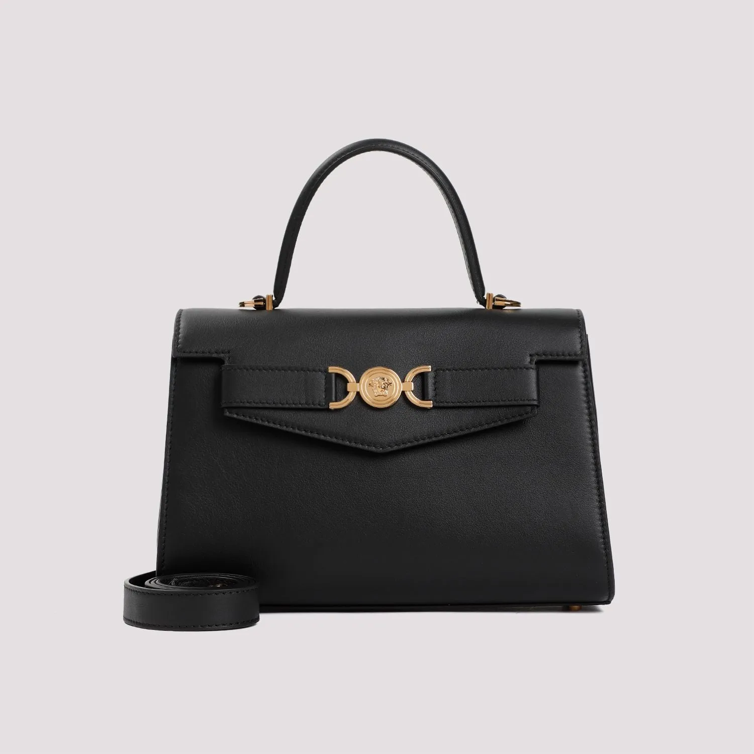 VERSACE Mini Black Leather Top-Handle Bag for Women, 27.5cm x 17cm x 8cm