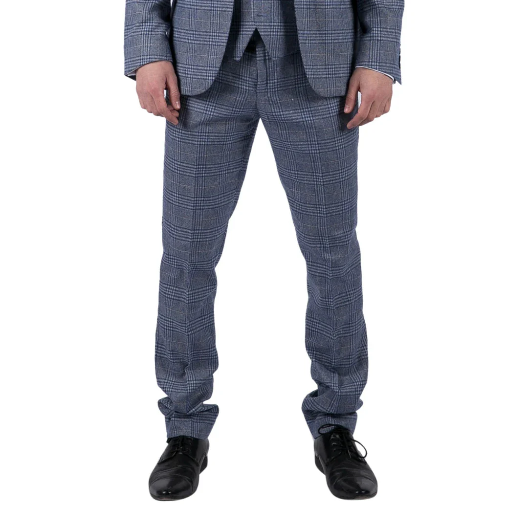 Victor - Men's Tweed Check Blue Wedding Trousers