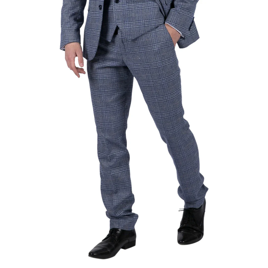 Victor - Men's Tweed Check Blue Wedding Trousers