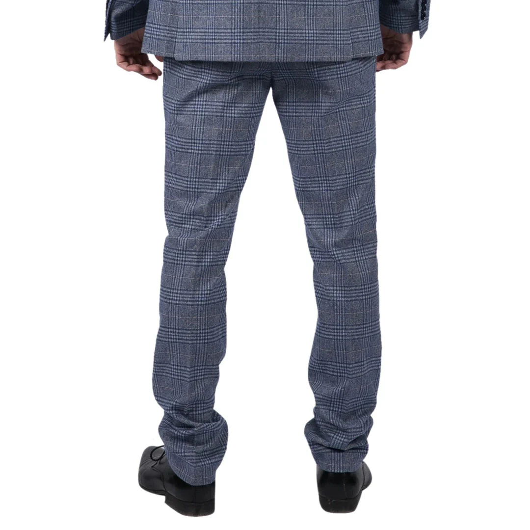 Victor - Men's Tweed Check Blue Wedding Trousers