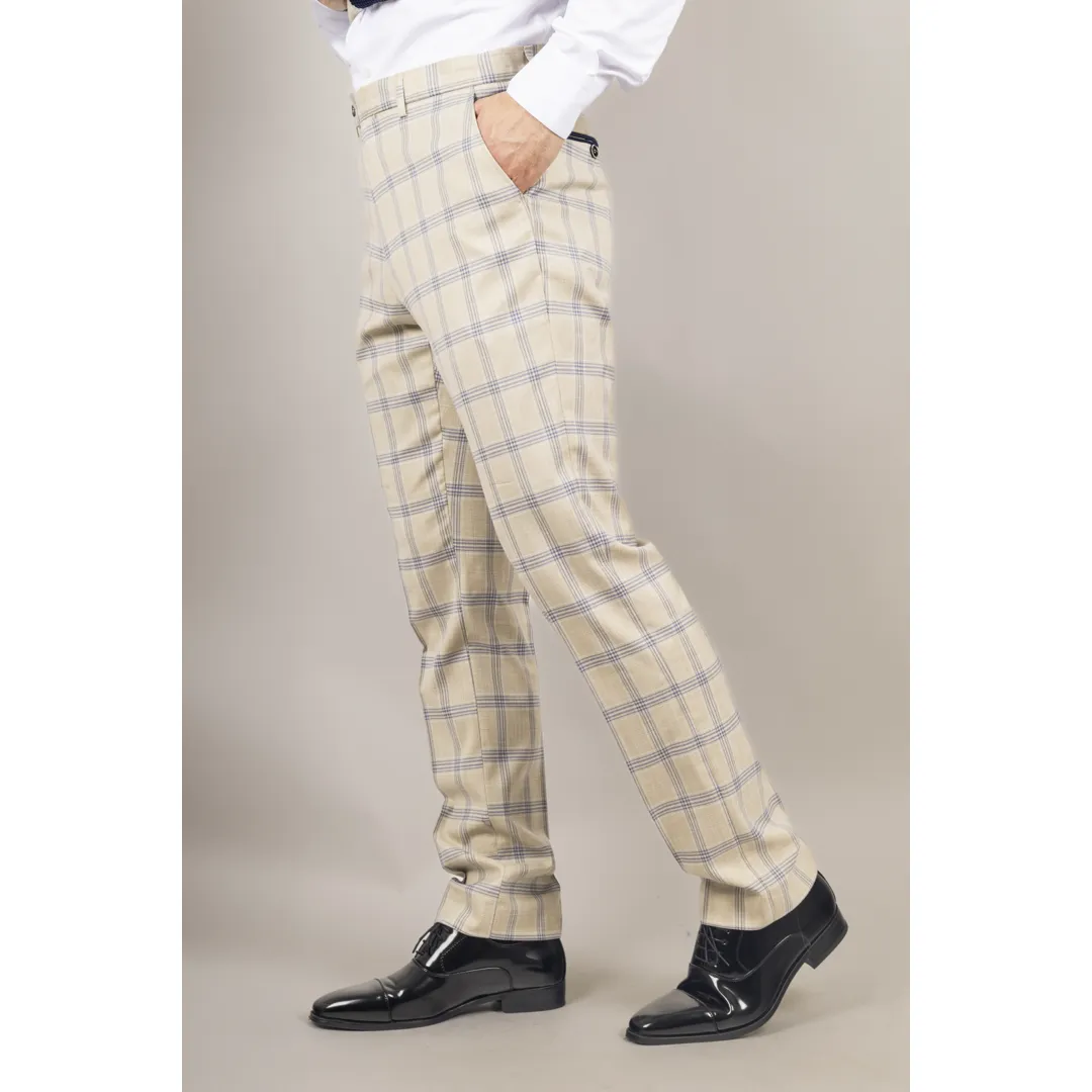 Warwick - Men's Beige Checked Trousers