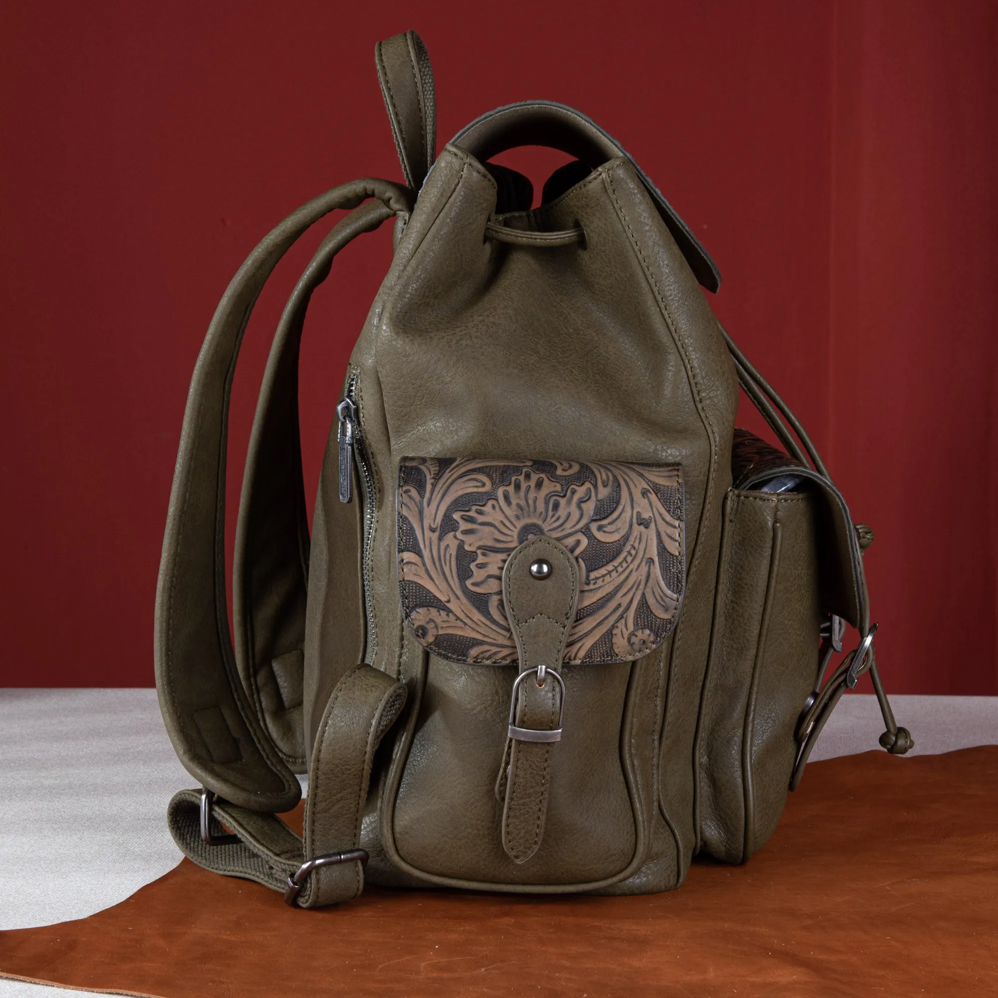 WG12-9110B  Wrangler Vintage Floral Tooled Backpack - Green