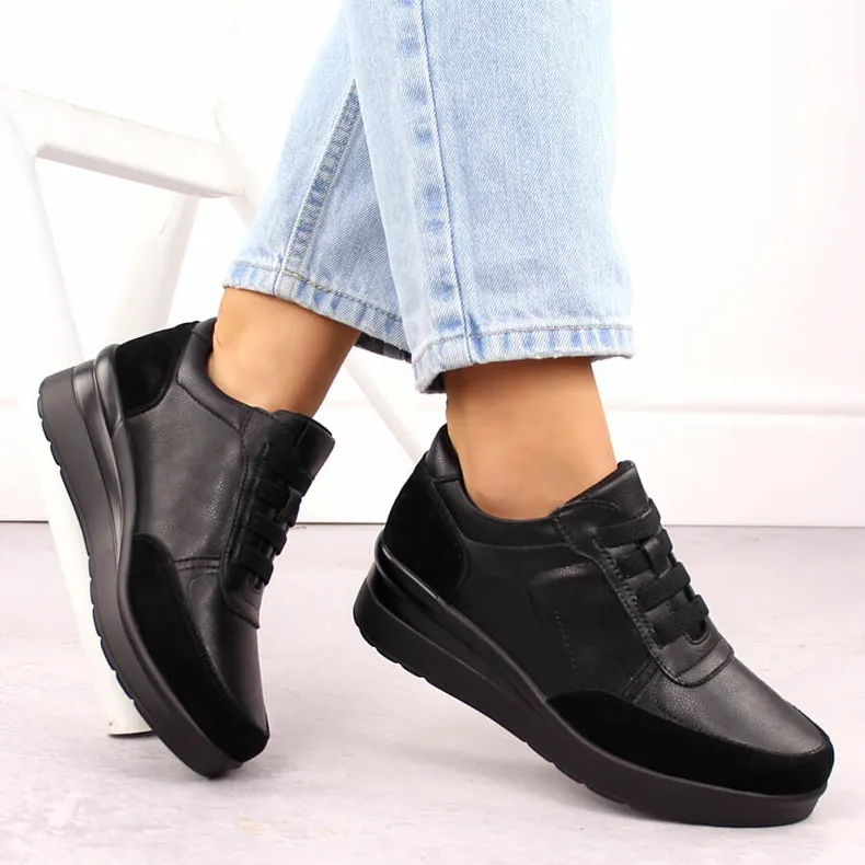 Women's leather sneakers on a wedge, black, Sergio Leone PB236-S