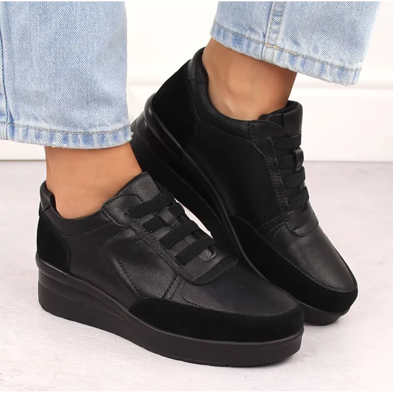 Women's leather sneakers on a wedge, black, Sergio Leone PB236-S