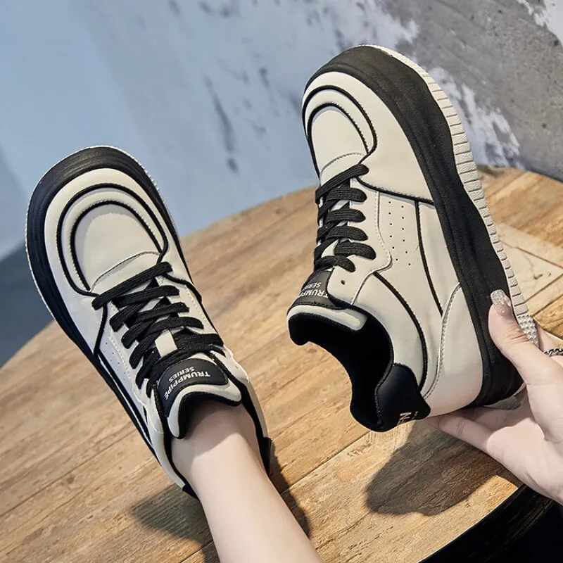 Women's 4.5cm Genuine Leather Lace Up Vulcanize Platform Sneakers Shoes