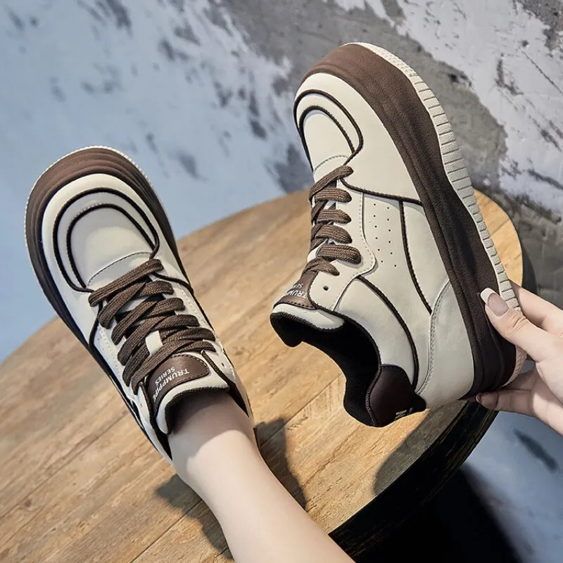 Women's 4.5cm Genuine Leather Lace Up Vulcanize Platform Sneakers Shoes