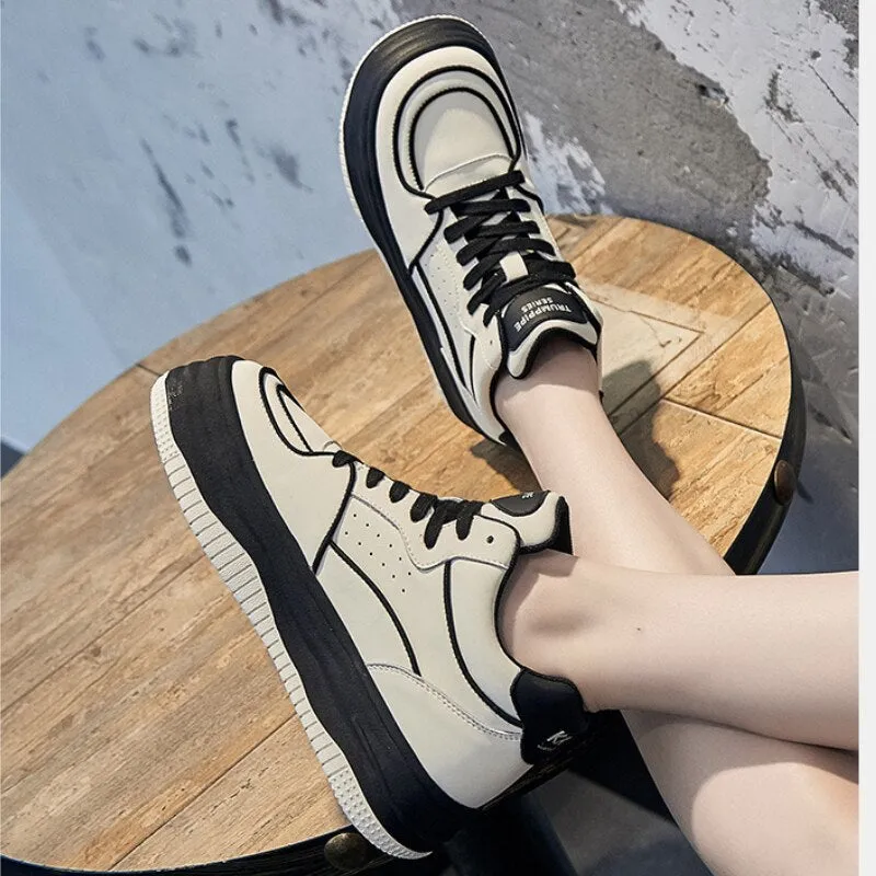 Women's 4.5cm Genuine Leather Lace Up Vulcanize Platform Sneakers Shoes