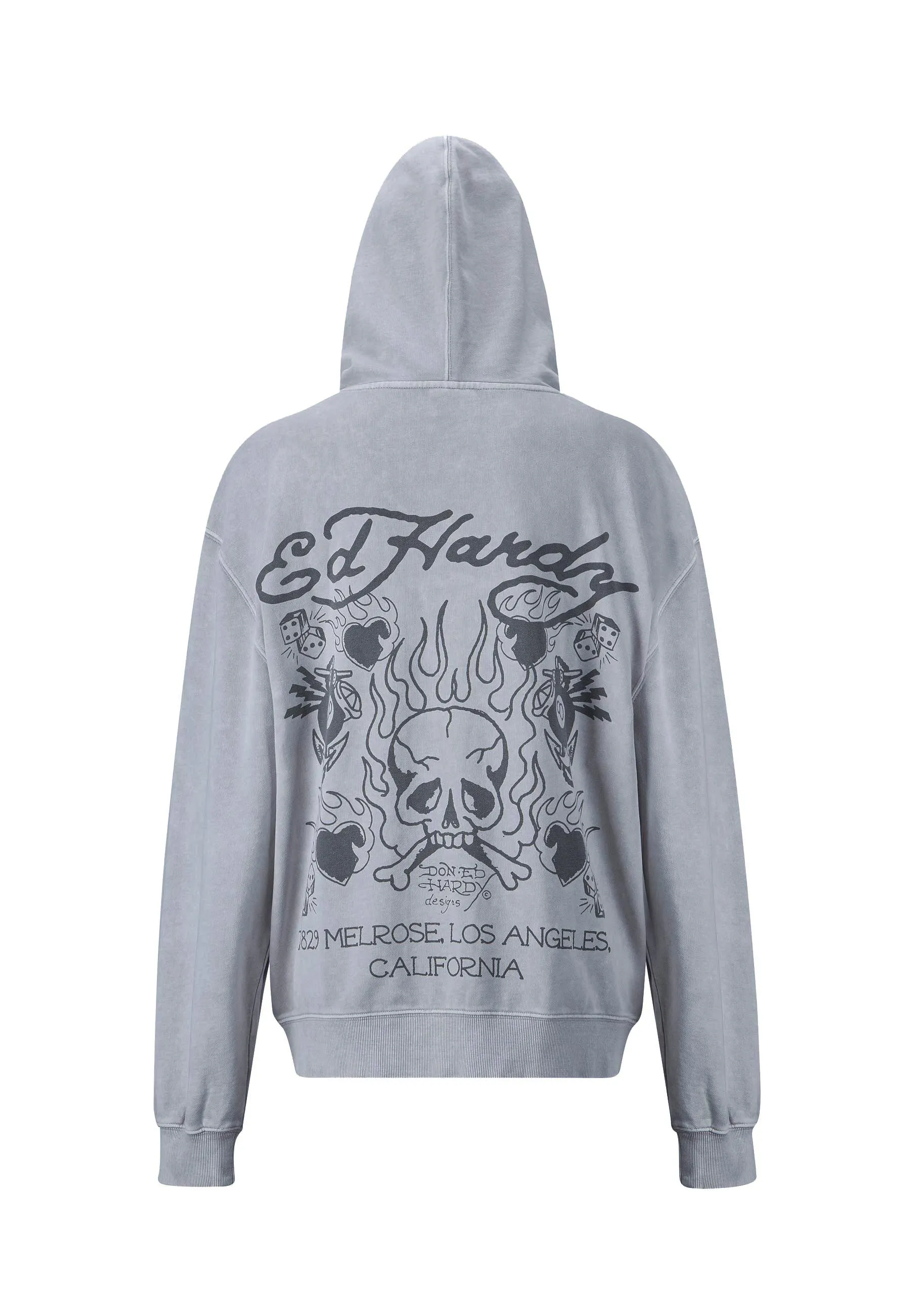 Womens Mono Acid Flaming Skull Zip Through Hoodie - Grey