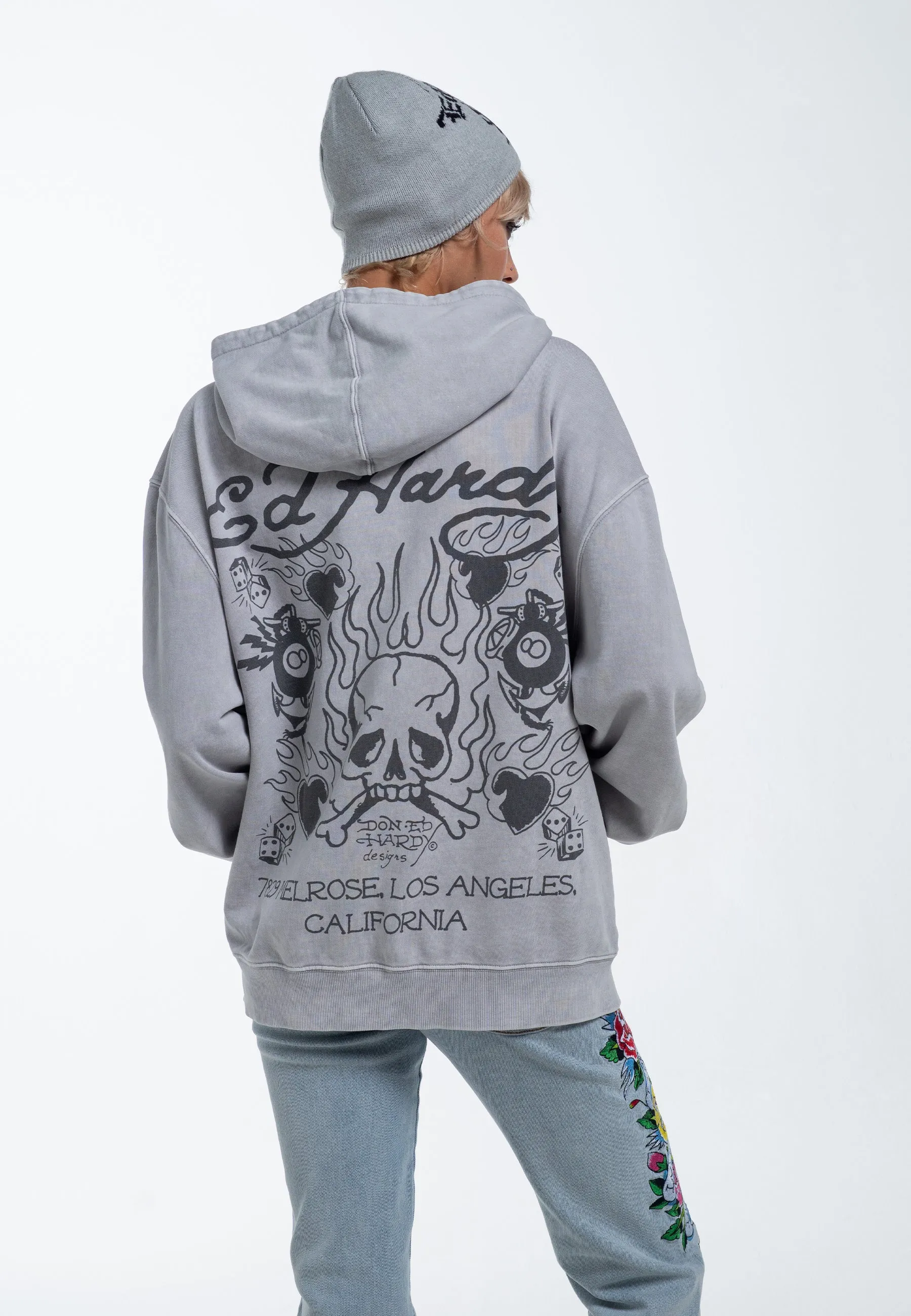 Womens Mono Acid Flaming Skull Zip Through Hoodie - Grey