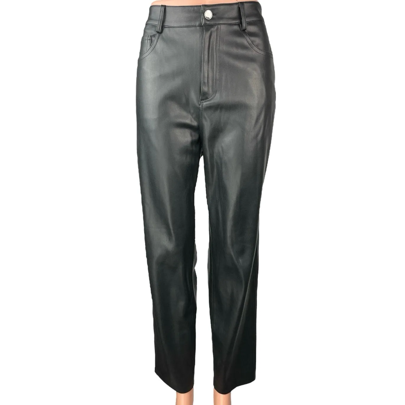 Zara Women's Black Faux Vegan Leather High Waist Straight Ankle Trousers Pants 6