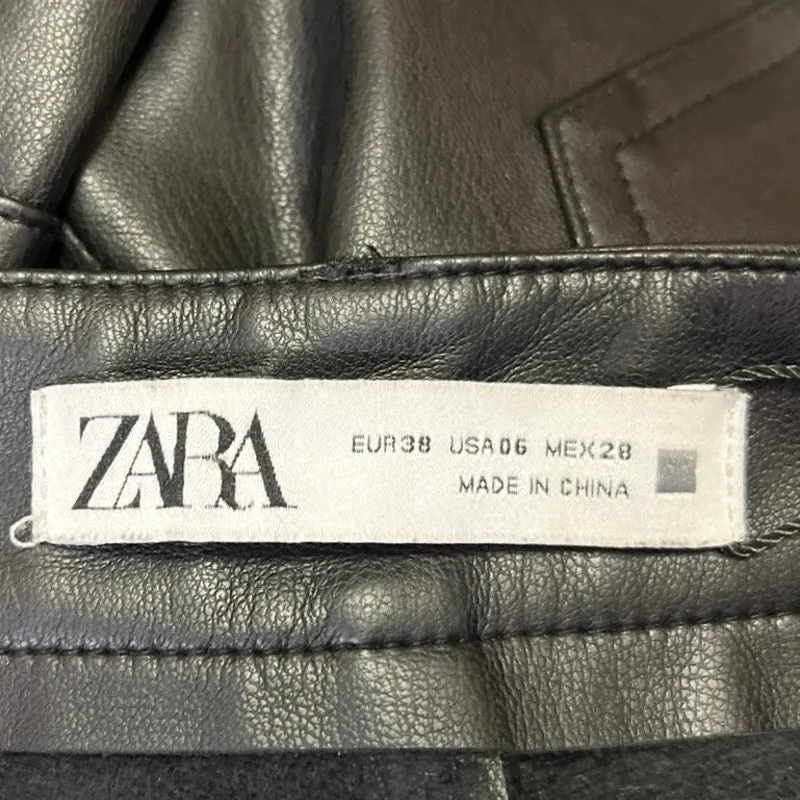 Zara Women's Black Faux Vegan Leather High Waist Straight Ankle Trousers Pants 6